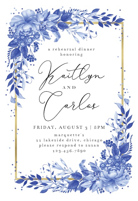 Surreal indigo bouquet - rehearsal dinner party invitation