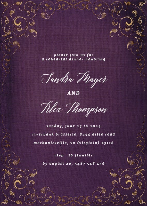 Swirls and frames purple -  invitación para cena de ensayo
