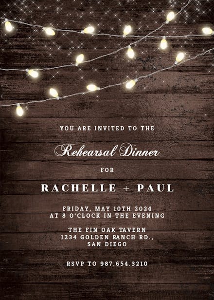 Wood and string lights - rehearsal dinner party invitation