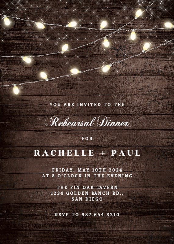Wood and string lights - rehearsal dinner party invitation