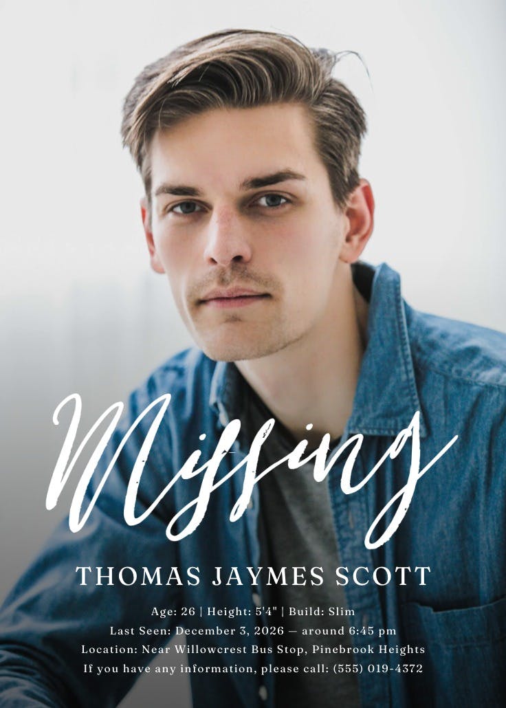 Cartel de desaparecido: full photo script