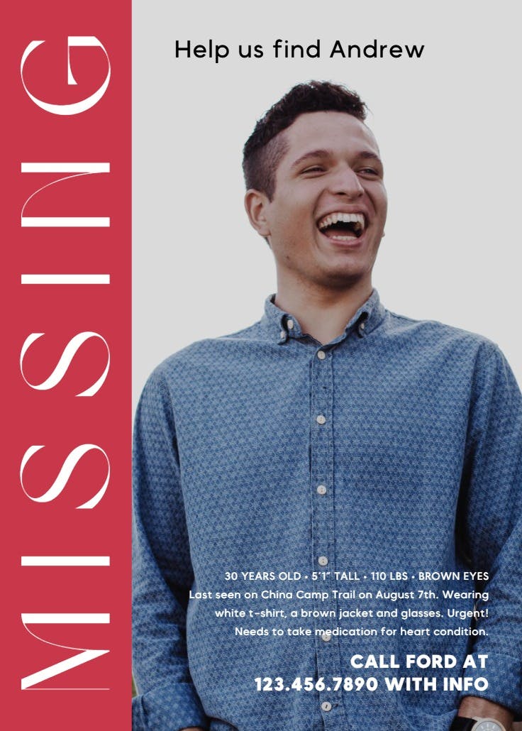 Cartel de desaparecido: just him