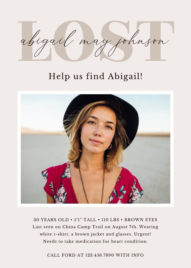 Cartel de desaparecido: minimalist script