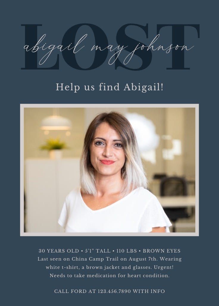 Cartel de desaparecido: minimalist script