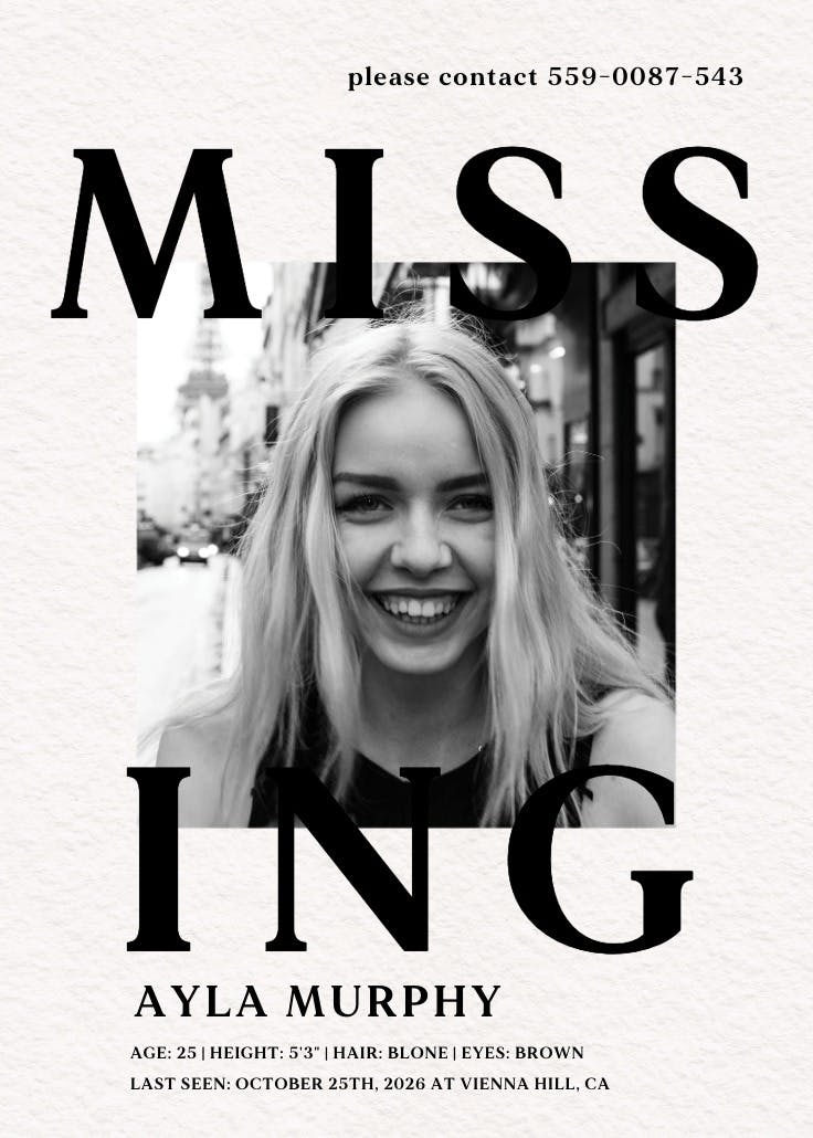 Cartel de desaparecido: still missing